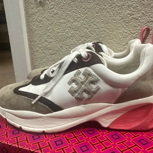 Tory Burch White, Gray & Pink Platform Sneakers - Picture 1 of 6